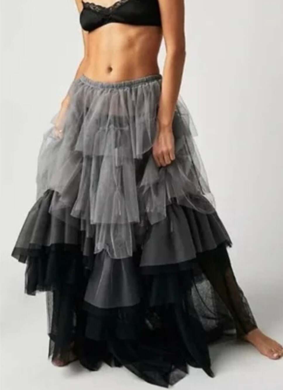 Free People Tulle Much Half Maxi Skirt Ombre Gray Black Tiered Ruffle Tulle S